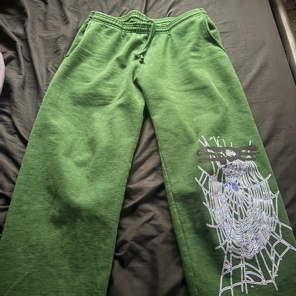 Green Sweatpants with Spider Web Design